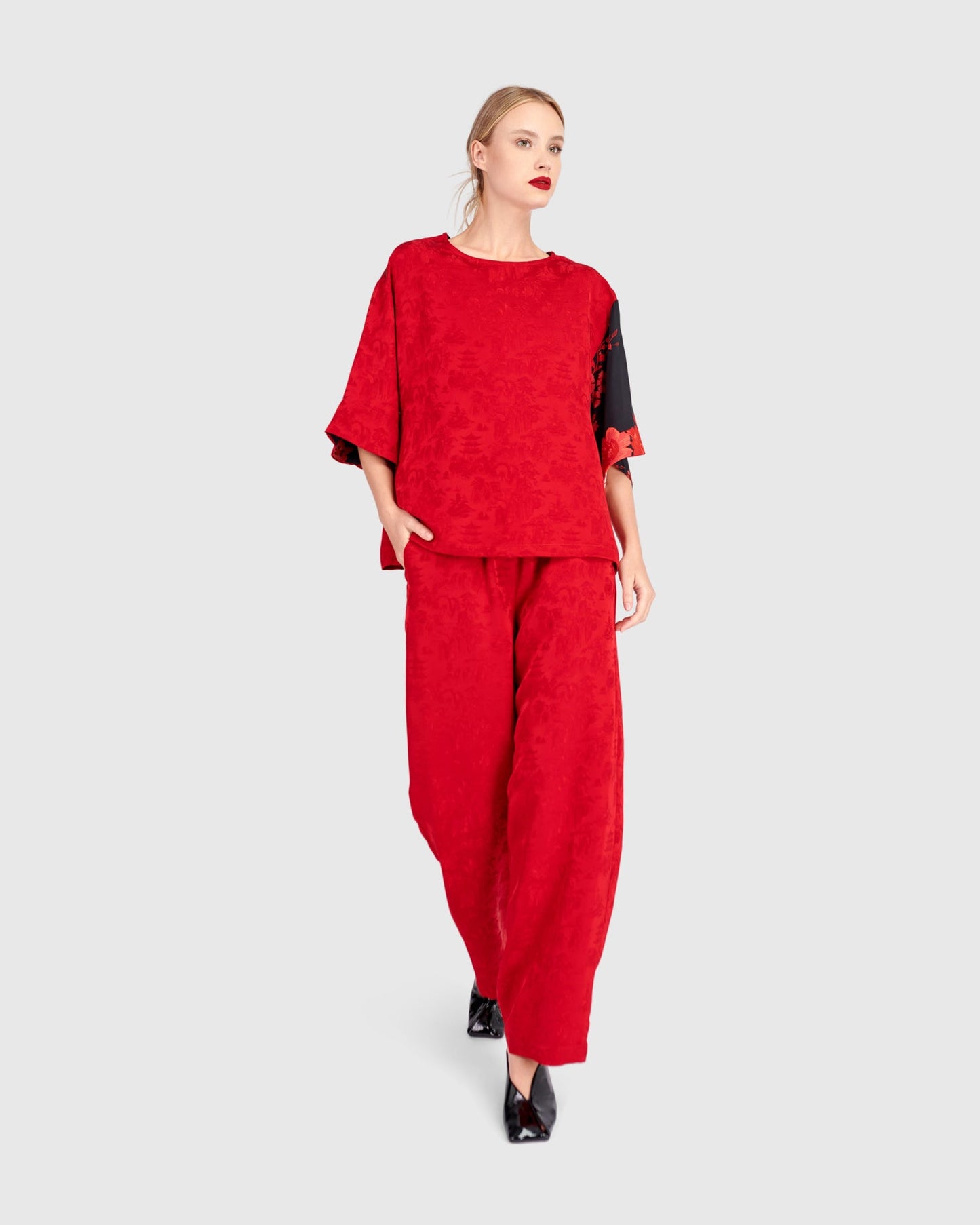 Tono Boxy Top, Red Jacquard