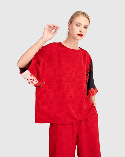 Tono Boxy Top, Red Jacquard