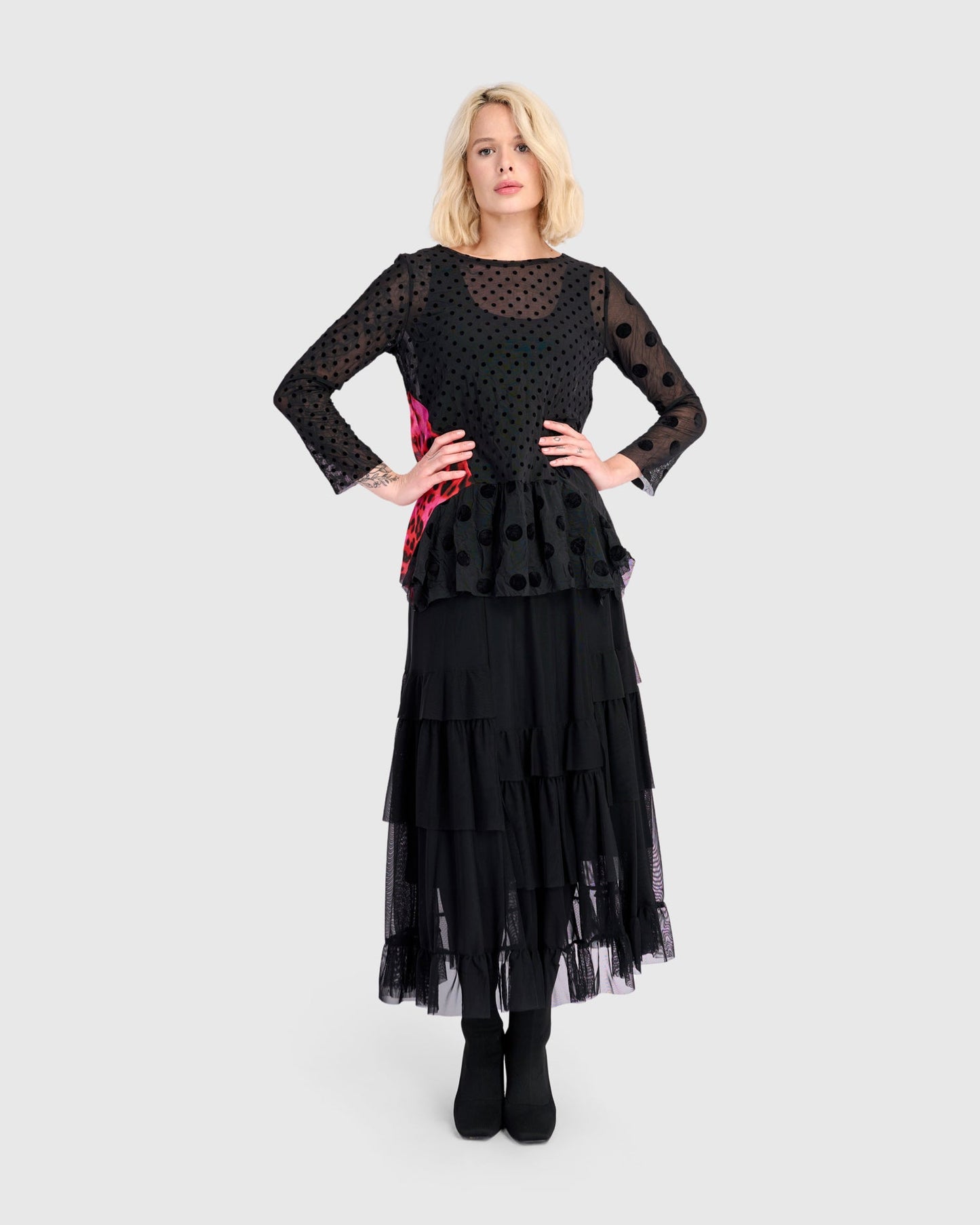 Samba Tiered Mesh Skirt, Black