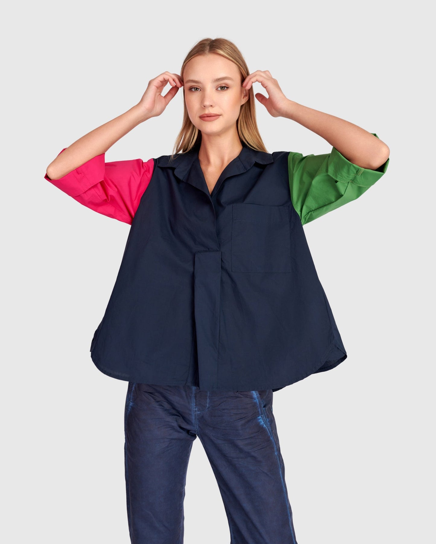 Poolside Popover Top, Navy Multi